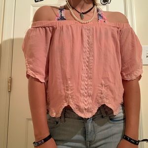 Off the shoulder salmon shirt